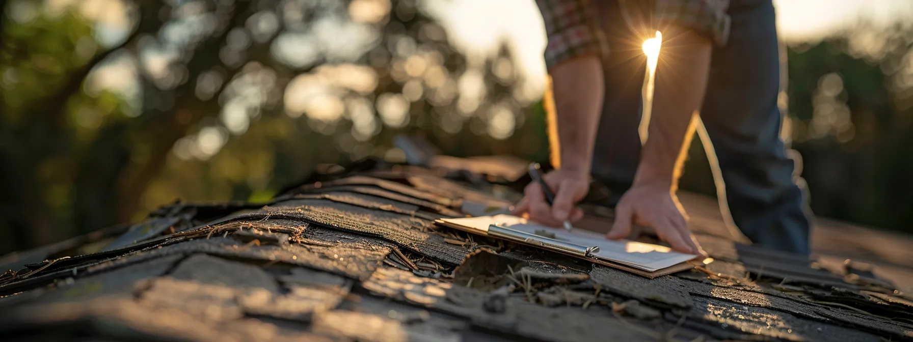 a close-up of weathered, curled shingles on a roof, illuminated by soft morning light, while a contractor carefully inspects the damage with a clipboard in a focused manner.