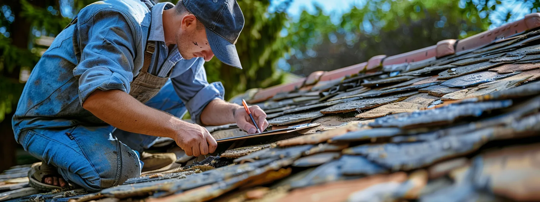 a close-up view of weathered and curled shingles on a roof, illuminated by soft afternoon sunlight, with a contractor intently evaluating the damage while making notes on a clipboard.