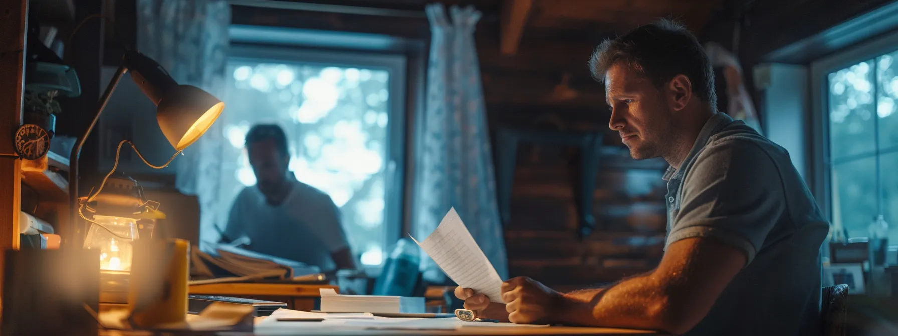 a concerned homeowner gazes thoughtfully at insurance paperwork at a well-lit desk, while a roofer in the background gestures towards a damaged roof, capturing a moment of tension and urgency in an intimate setting.
