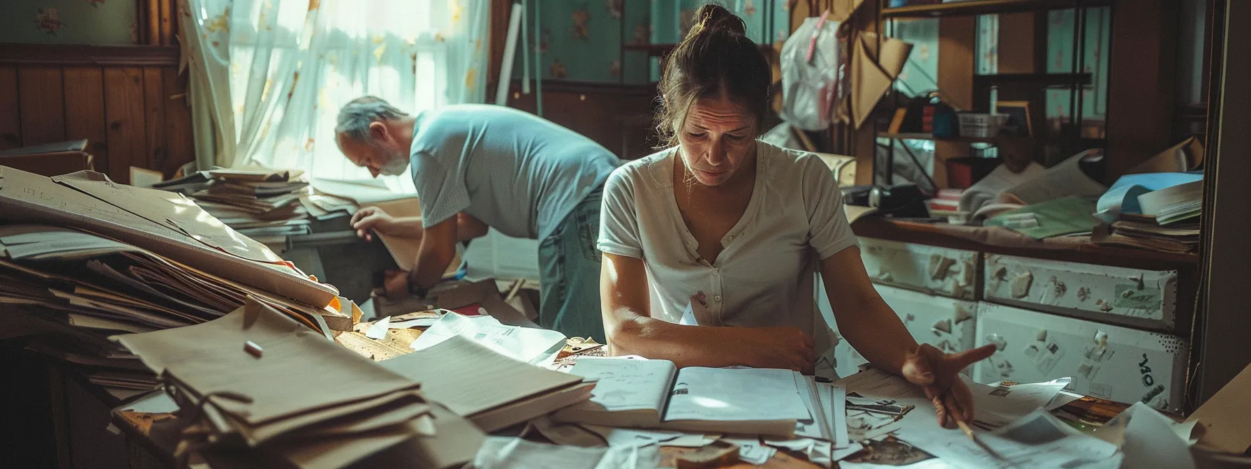 a concerned homeowner sits at a cluttered desk, intently reviewing insurance paperwork while a roofer gestures towards a damaged roof in the background, vividly capturing the moment of stress and urgency in the air.