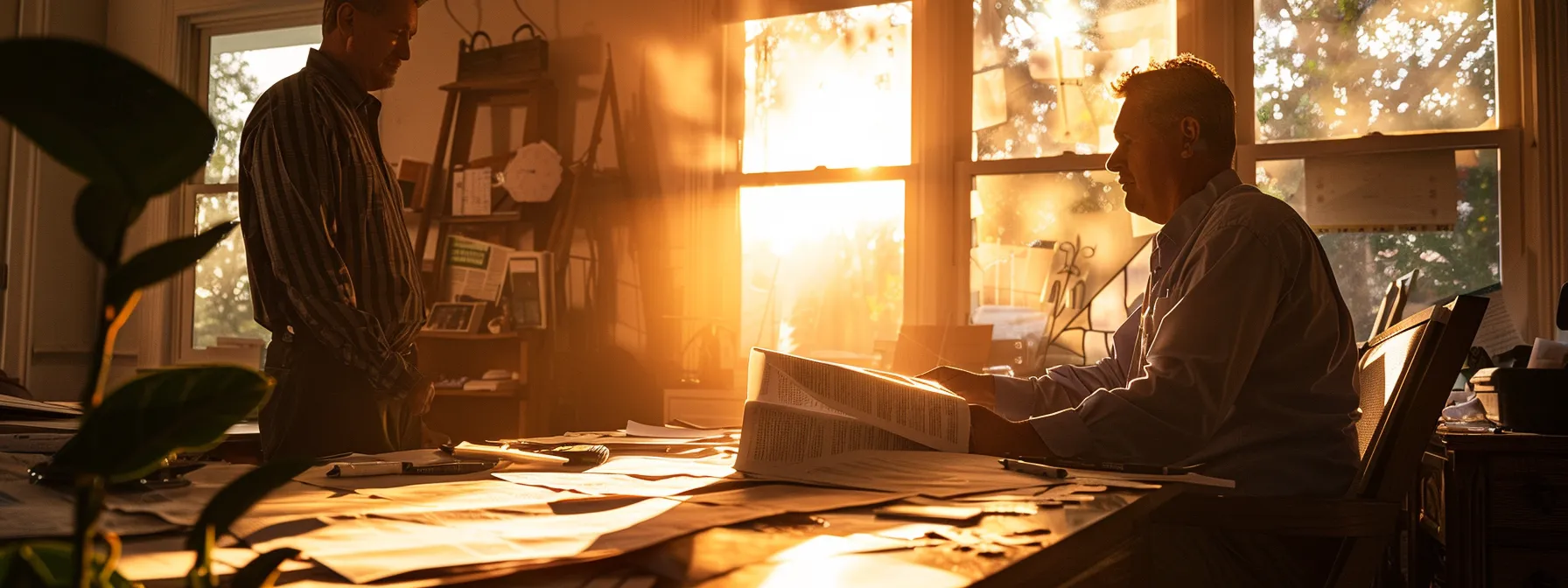 a concerned homeowner sits at a desk surrounded by paperwork, while a roofer in the background gestures towards a damaged roof, illuminated by soft, natural light filtering through a nearby window.