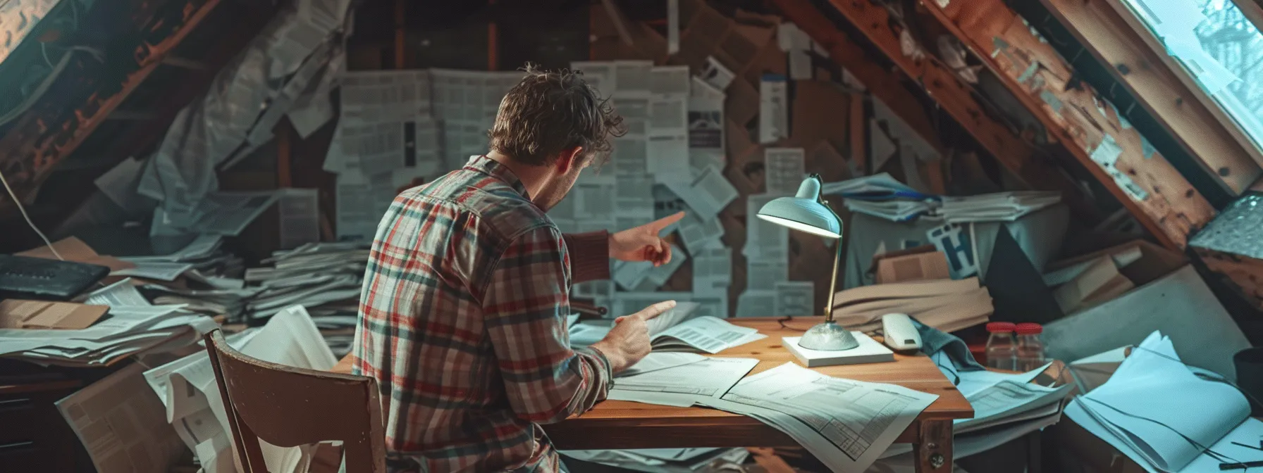a concerned homeowner sits at a desk surrounded by scattered insurance paperwork, while a roofer in the background points at a damaged roof, emphasizing the urgency of the situation.
