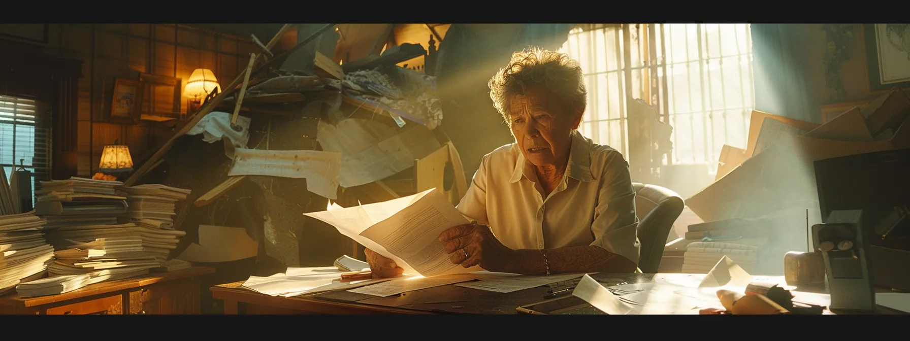 a concerned homeowner sits at a cluttered desk, intently reviewing insurance paperwork, while a roofer in the background gestures toward a visibly damaged roof, illuminated by natural light streaming through a nearby window, creating a tense atmosphere of urgency and uncertainty.