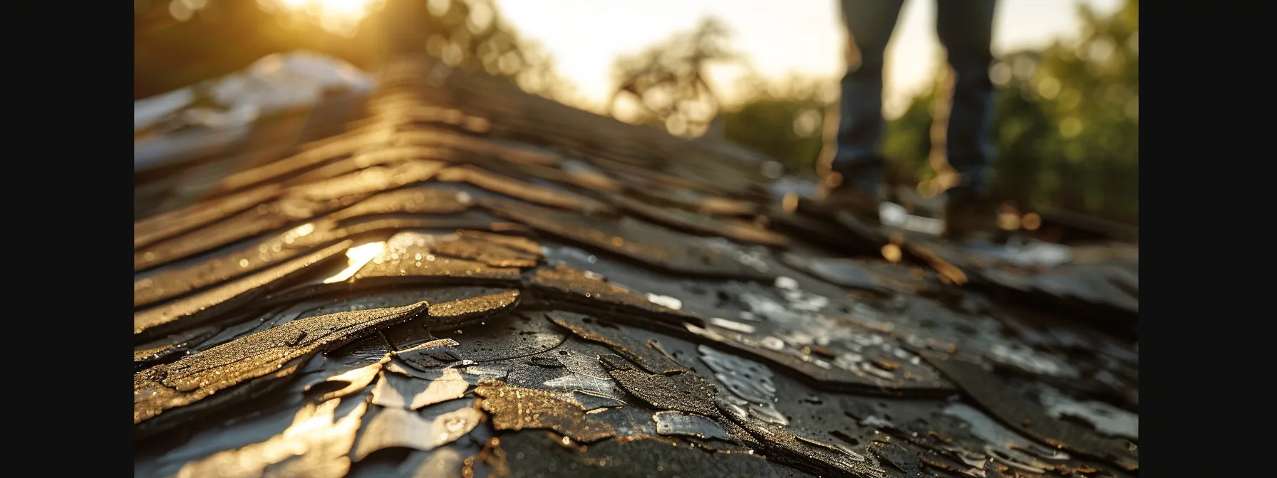a detailed close-up of curled, missing shingles on a weathered roof, illuminated by warm sunlight, while a contractor inspects the damage with a focused expression.