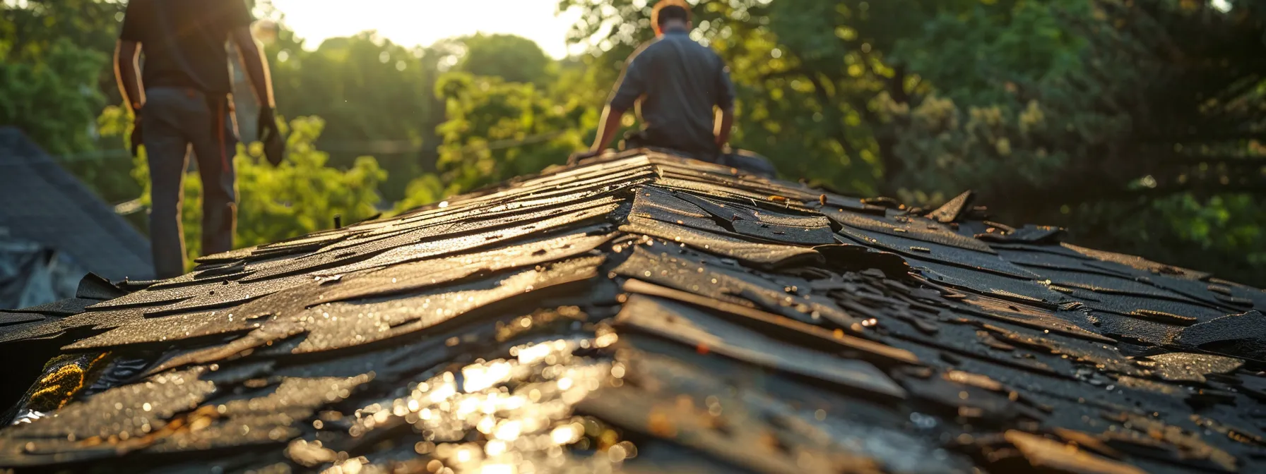 a detailed close-up of a weathered rooftop reveals missing, curled shingles under the bright sunlight, while a contractor intently assesses the damage, capturing the essence of diligent home repair.