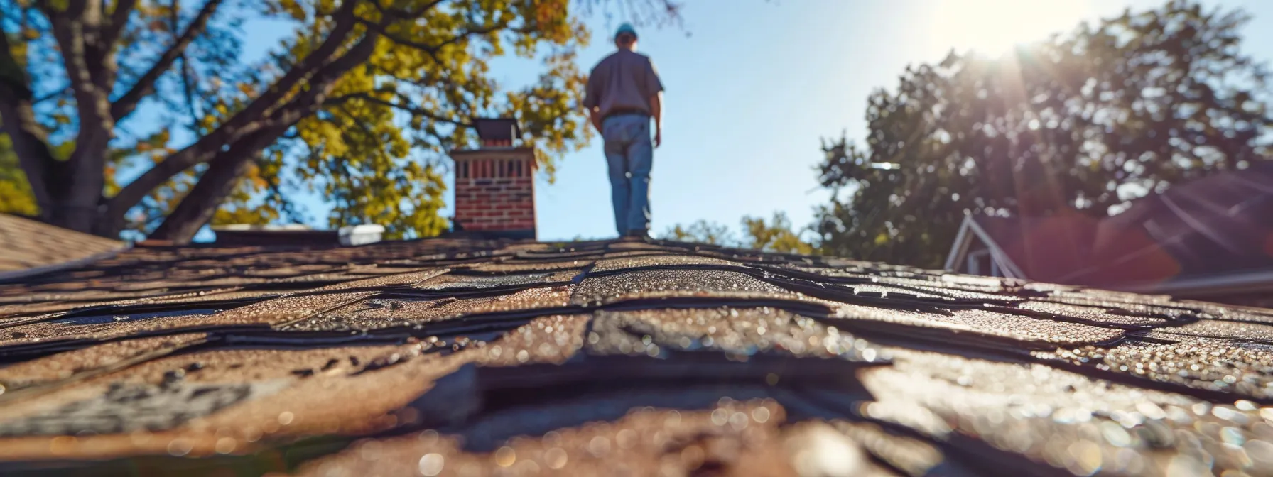 a focused view of a professional roofer inspecting a damaged roof with missing shingles and visible water stains, set against a clear blue sky in a suburban neighborhood, highlighting the urgency of roof repair.