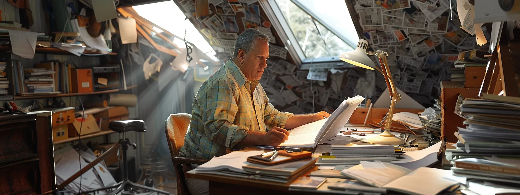 a homeowner sits at a cluttered desk, anxiously reviewing insurance paperwork, while a roofer in the background gestures towards a severely damaged roof, creating an atmosphere of urgency and concern.