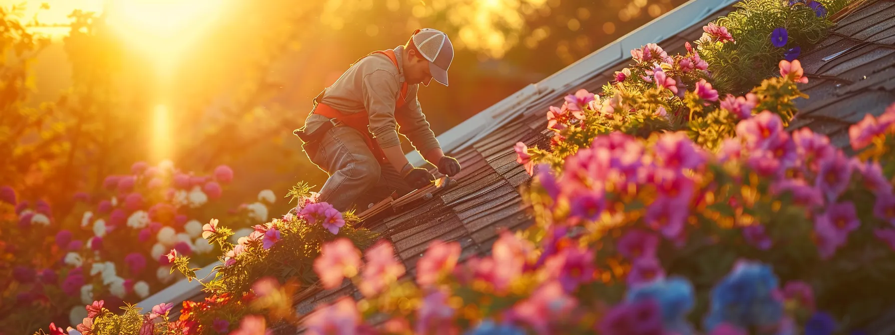 a professional roofer skillfully replaces vibrant asphalt shingles under the bright, golden sun, surrounded by a burst of colorful spring flowers in full bloom.