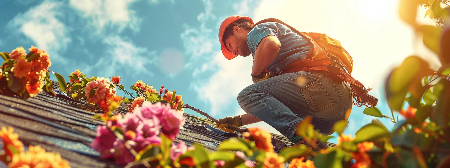 a skilled professional roofer methodically replaces vibrant asphalt shingles on a sunlit spring day, surrounded by a burst of colorful blooming flowers that enhance the cheerful atmosphere.