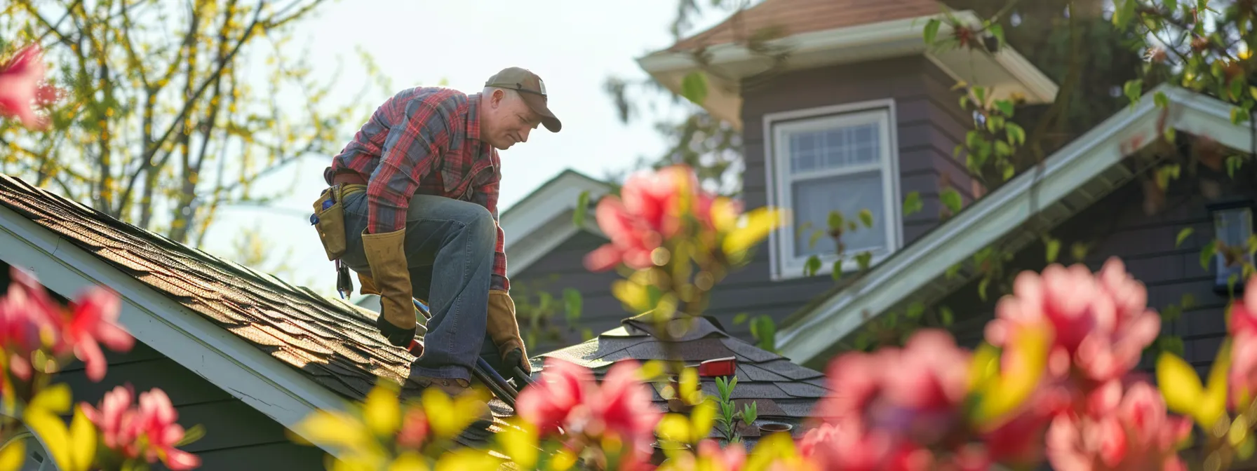 a skilled roofer expertly replaces vibrant asphalt shingles on a sunlit spring day, surrounded by blossoming flowers that add a splash of color to the charming house.
