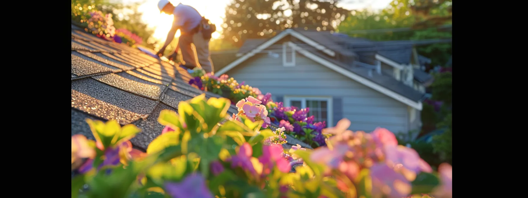 a skilled roofer meticulously replaces vibrant asphalt shingles against the backdrop of a cheerful spring day, with colorful flowers blooming around an inviting suburban home.