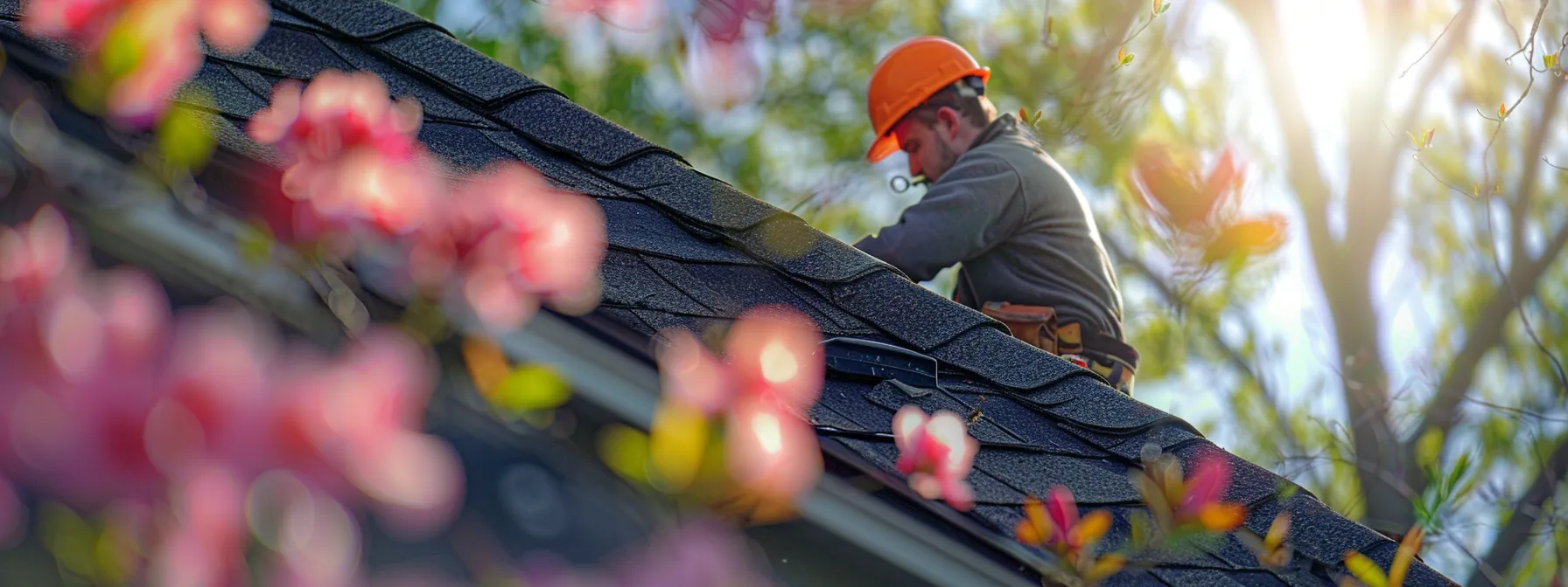 a skilled roofer meticulously replaces vibrant asphalt shingles on a sunny spring day, surrounded by blooming flowers that add a splash of color to the serene residential backdrop.