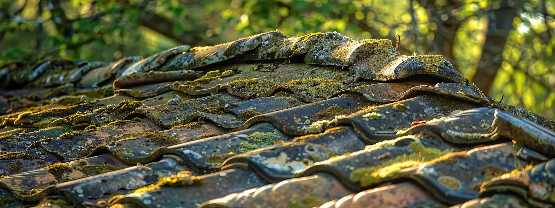 a striking juxtaposition of a weathered, decaying roof with curled shingles and visible water damage transitioning into a gleaming, pristine rooftop basking in vibrant sunlight.