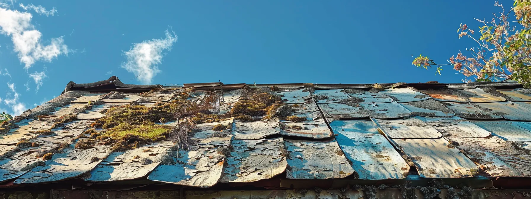 a striking juxtaposition of a deteriorating, water-damaged roof with curling edges transitioning seamlessly to a pristine new roof gleaming in bright sunlight, capturing the essence of renewal and restoration.