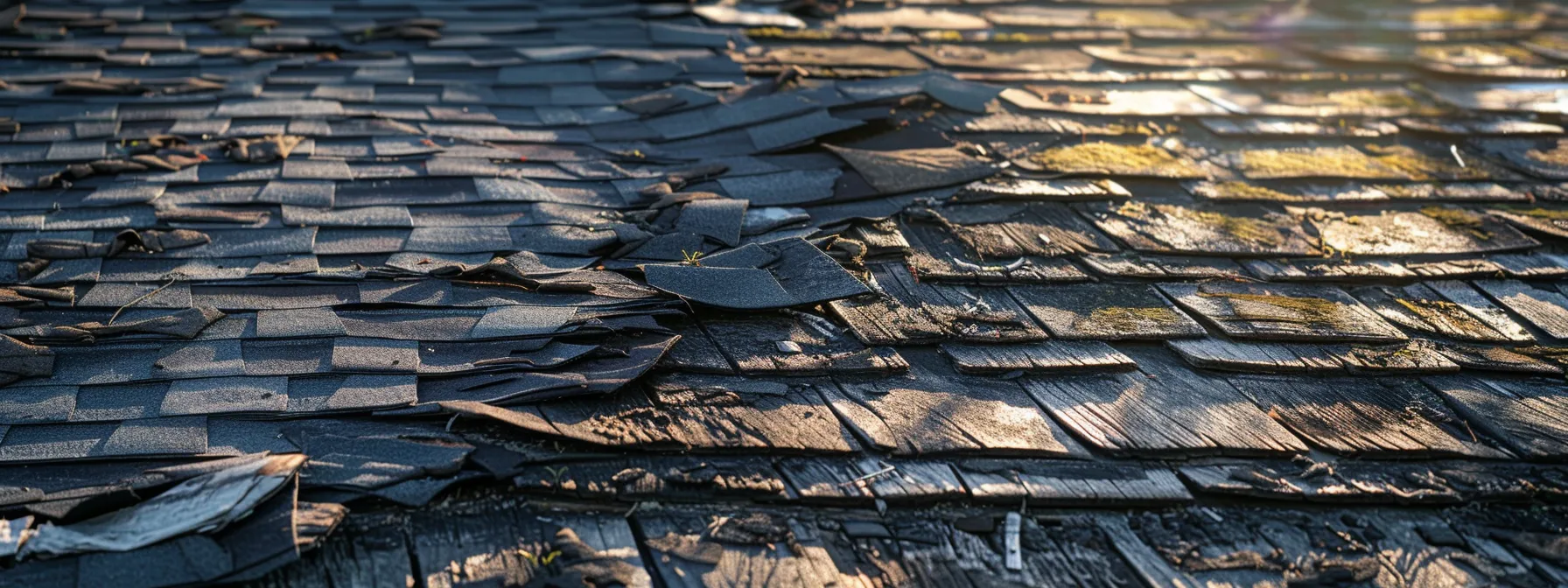 a striking split-image captures the stark contrast between a weathered roof with curling, missing shingles revealing water damage, and a pristine, newly replaced roof gleaming under bright sunlight.