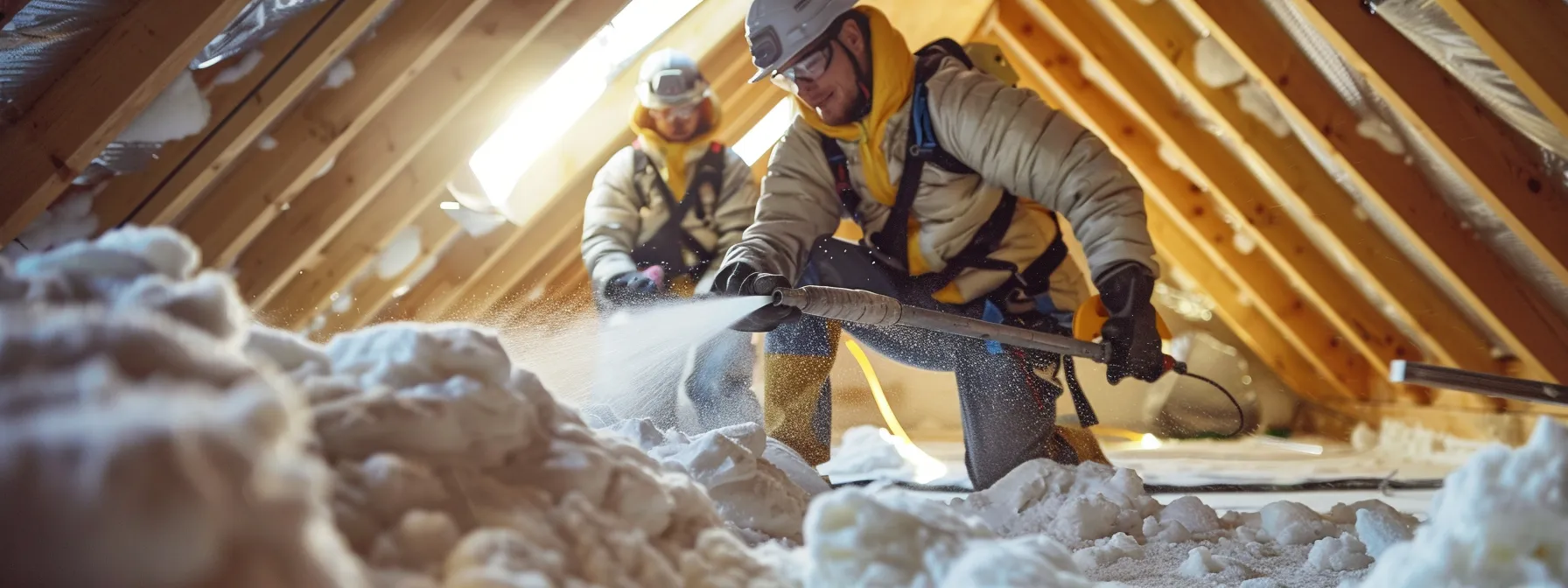a team of professional insulation workers, clad in protective gear, enthusiastically installs spray foam and fiberglass insulation in a snowy attic, while a cheerful homeowner nearby admires their reduced energy bill in front of a cozy, energy-efficient home.