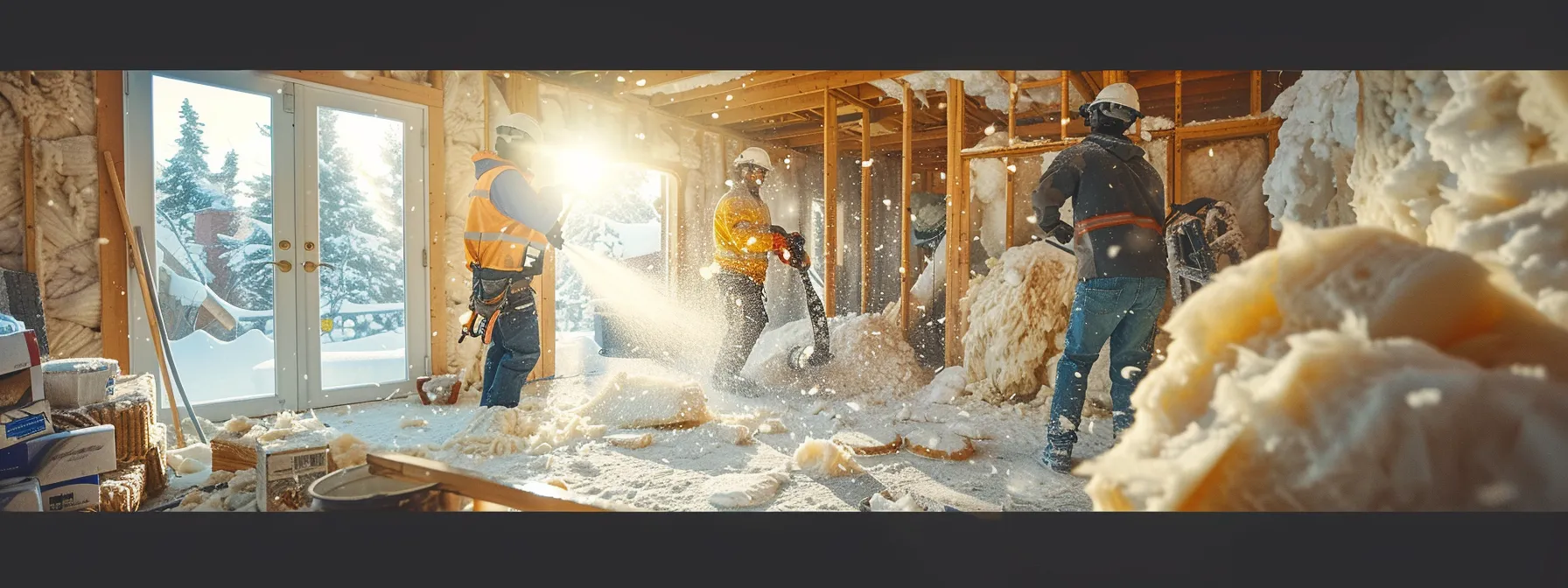 a team of professional insulation workers, clad in protective gear, meticulously installs spray foam and fiberglass insulation in a cozy, snow-covered home, with a joyful homeowner nearby celebrating their energy savings.