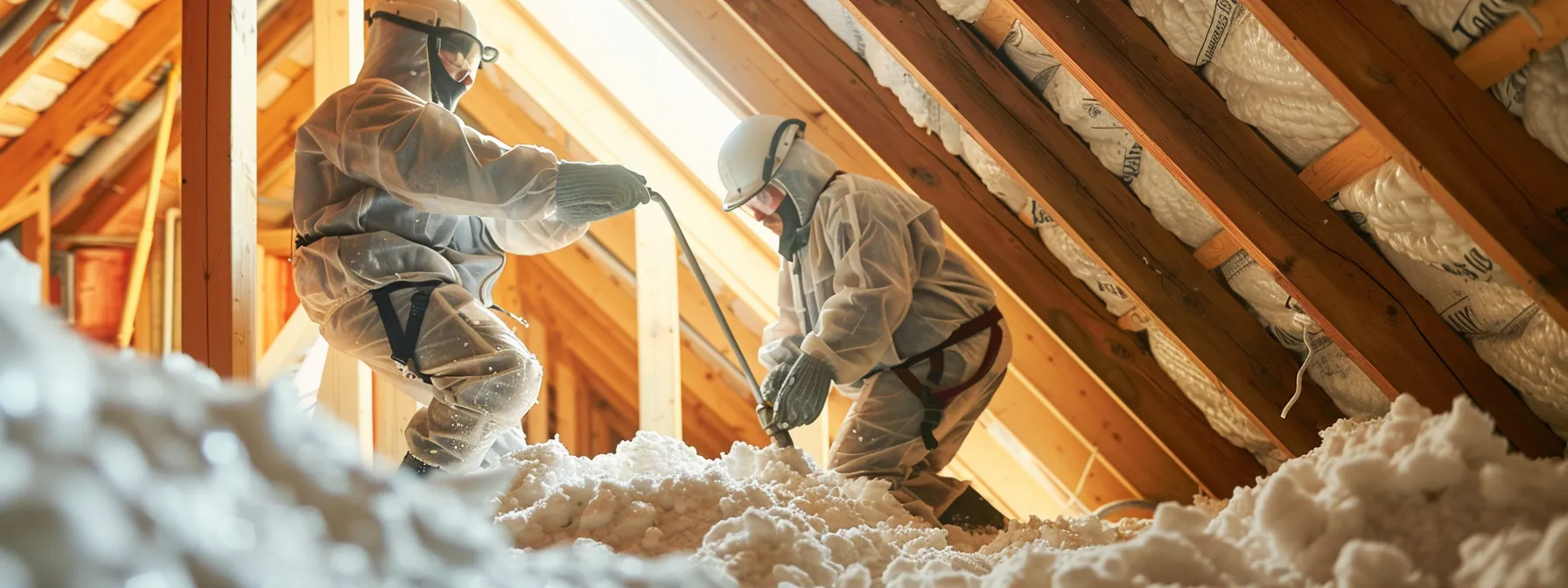 a team of professional insulation workers, clad in protective gear, diligently applies spray foam insulation in a cozy attic surrounded by snow-covered walls, while a satisfied homeowner nearby reviews their energy bill, embodying the warmth and energy efficiency of their winter-ready home.