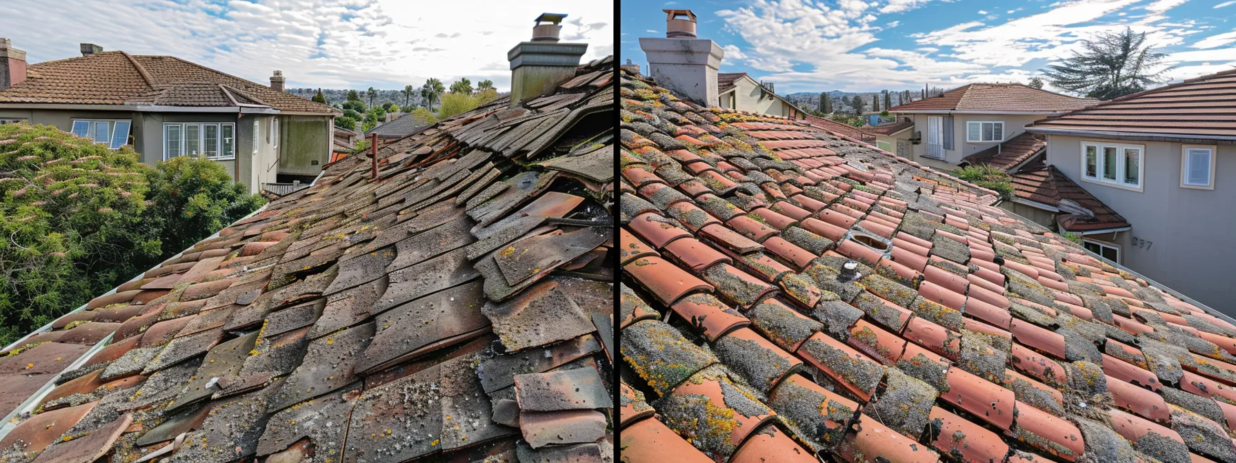 a vivid comparison showcases a decaying roof with curling shingles and water damage on one side, seamlessly transitioning to a pristine, newly replaced roof gleaming under brilliant sunlight on the opposite side.