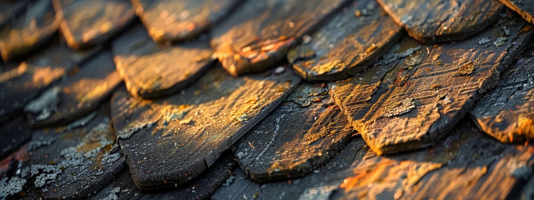 a dramatic close-up of weathered and curled shingles on a rooftop, vividly highlighting the extent of damage as a contractor intently inspects the area, bathed in soft, natural light that emphasizes the textures and shadows.