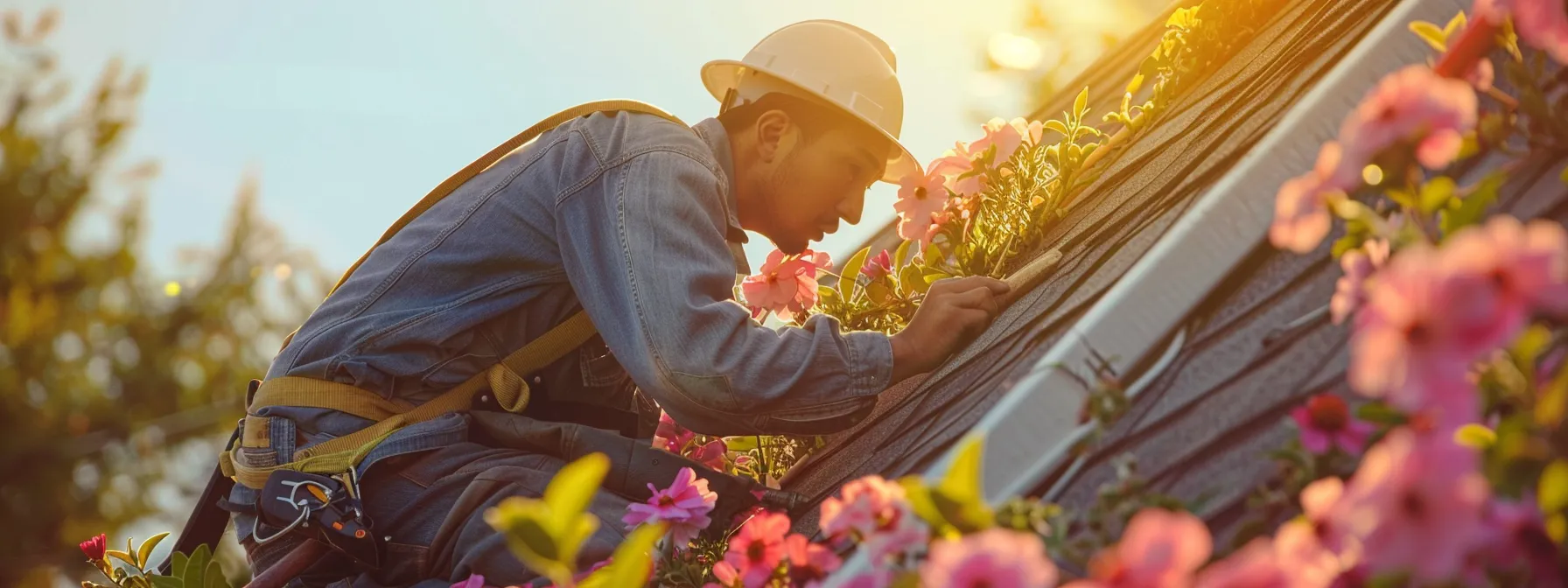 a professional roofer expertly replaces vibrant asphalt shingles under the warm spring sun, surrounded by a burst of blooming flowers that enhance the cheerful atmosphere.