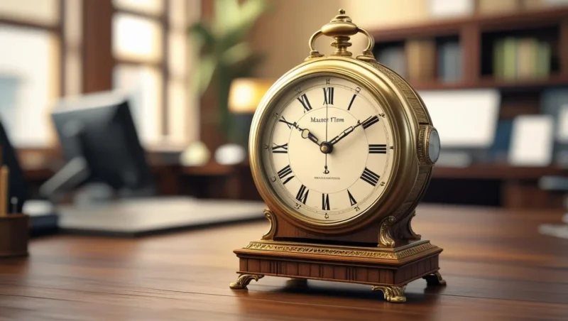 Antique gold desk clock symbolizing the value of time management in a professional setting