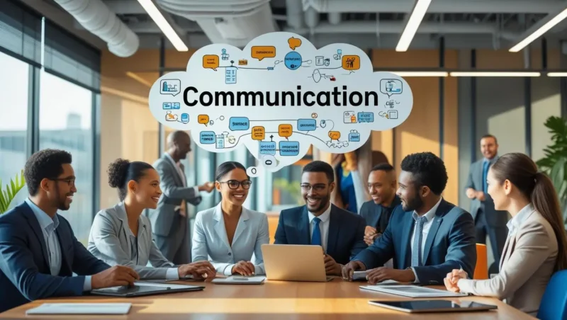 Professional team collaborating in a modern office, highlighting mastering communication for success in career, relationships, and society