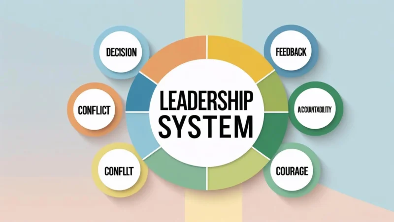 Diagram showing leadership system components including decision, feedback, trust, recognition, and conflict resolution.