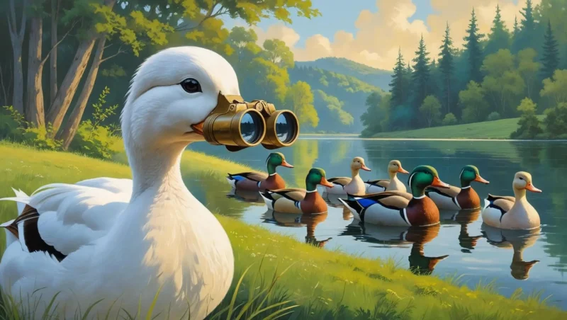 White duck with binoculars leading other ducks by a lake — symbolizing 'why vision' and 'leadership' impact.
