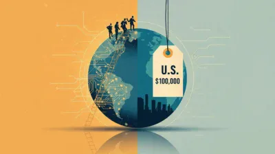 Symbolic illustration of global career ladder between India and U.S. with $100,000 H1B visa fee tag — representing impact on Indian IT professionals and U.S. tech industry.