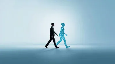 A professional walking in parallel with a glowing AI figure, symbolizing Parallel Intelligence and leadership without authority in the AI age.