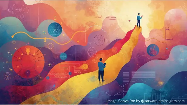 A person standing on a winding path toward the sunrise, representing career growth, leadership development, and motivation in life’s journey with Sarwar Alam Insights.