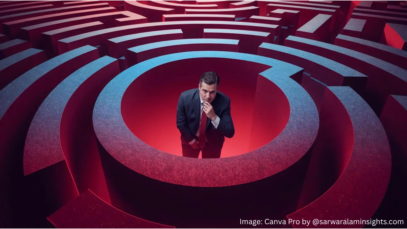 Business leader standing inside a red maze symbolizing decision debt — the silent killer of organizational growth.