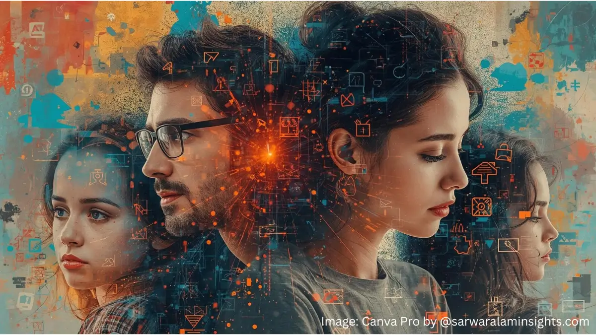 Abstract concept art showing people connected through technology yet emotionally distant — reflecting digital overload and family disconnection in modern life