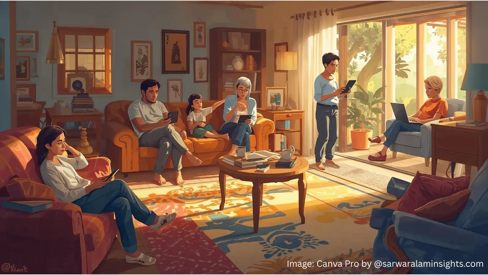 Modern family sitting together yet emotionally disconnected, symbolizing digital distraction and emotional distance — Together Yet Miles Apart, Sarwar Alam Insights