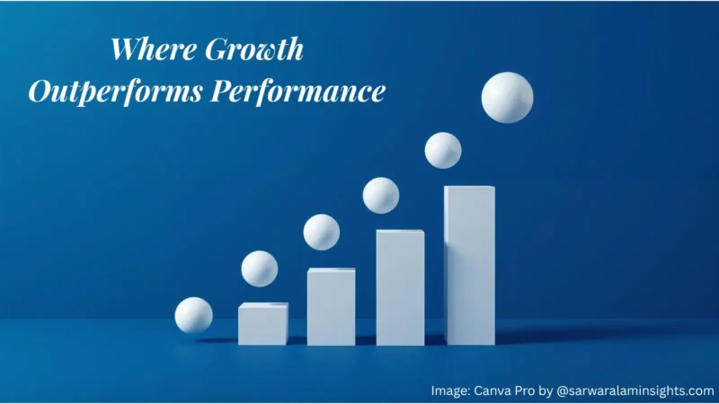 White spheres ascending over blue bars, illustrating the evolution from performance culture to growth culture and the idea of progress through learning.