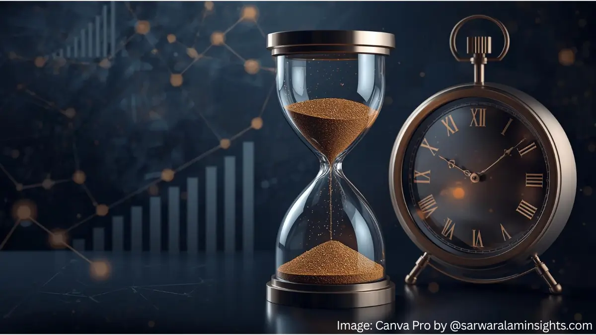 Time Is the Real Currency of Excellence — symbolic hourglass and clock representing time, precision, and excellence
