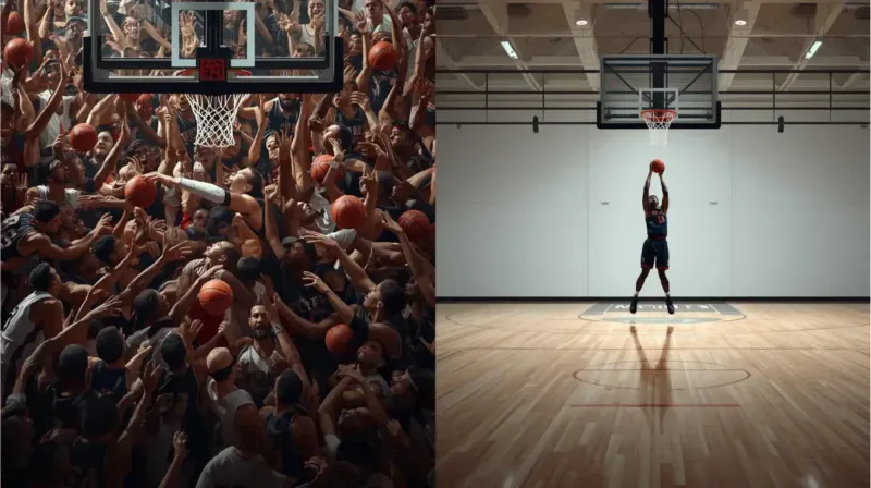 Activity and Execution difference shown by many players competing for the ball versus one player scoring a basket