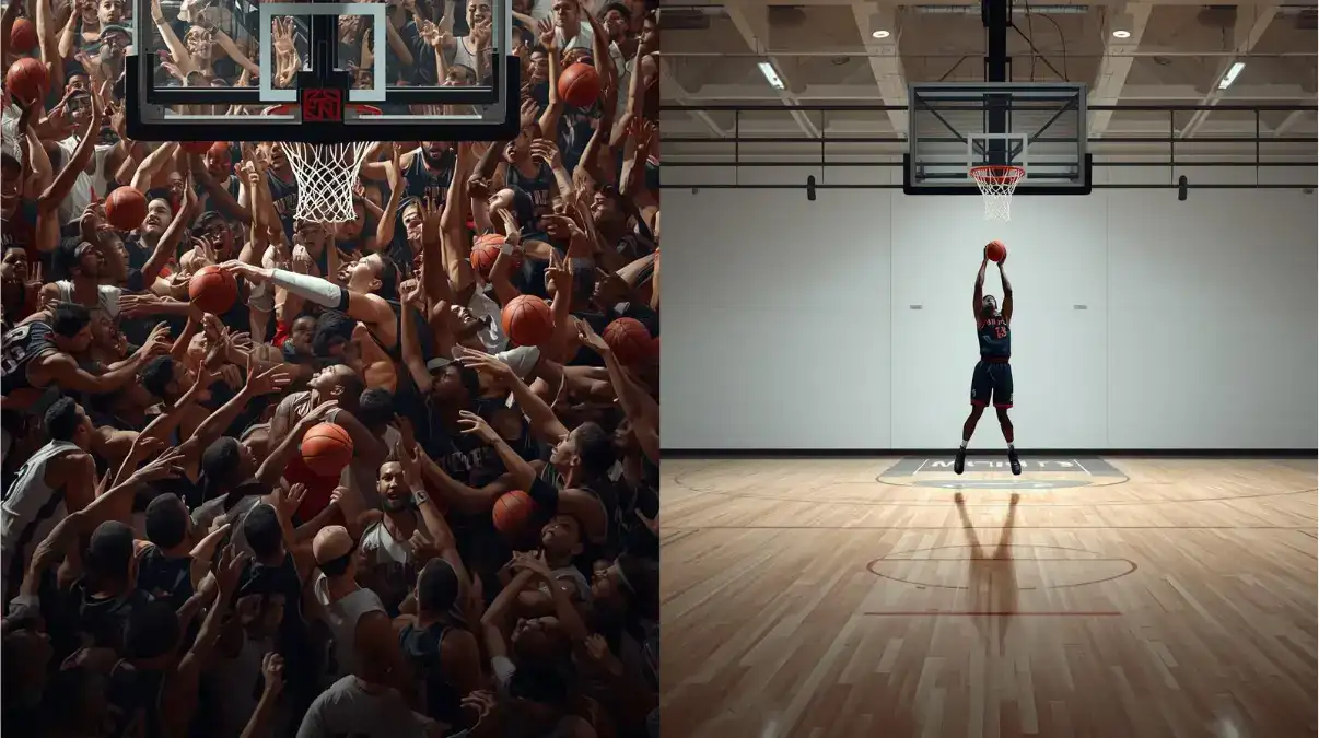 Activity and Execution difference shown by many players competing for the ball versus one player scoring a basket