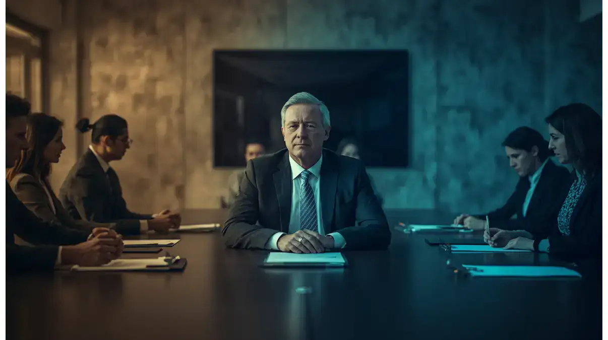 Emotional reactivity in leadership shown through a composed leader managing pressure in a business meeting