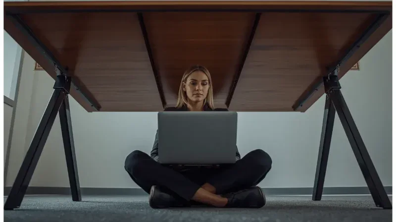Professional visibility at work concept showing a capable employee working unnoticed under an executive desk