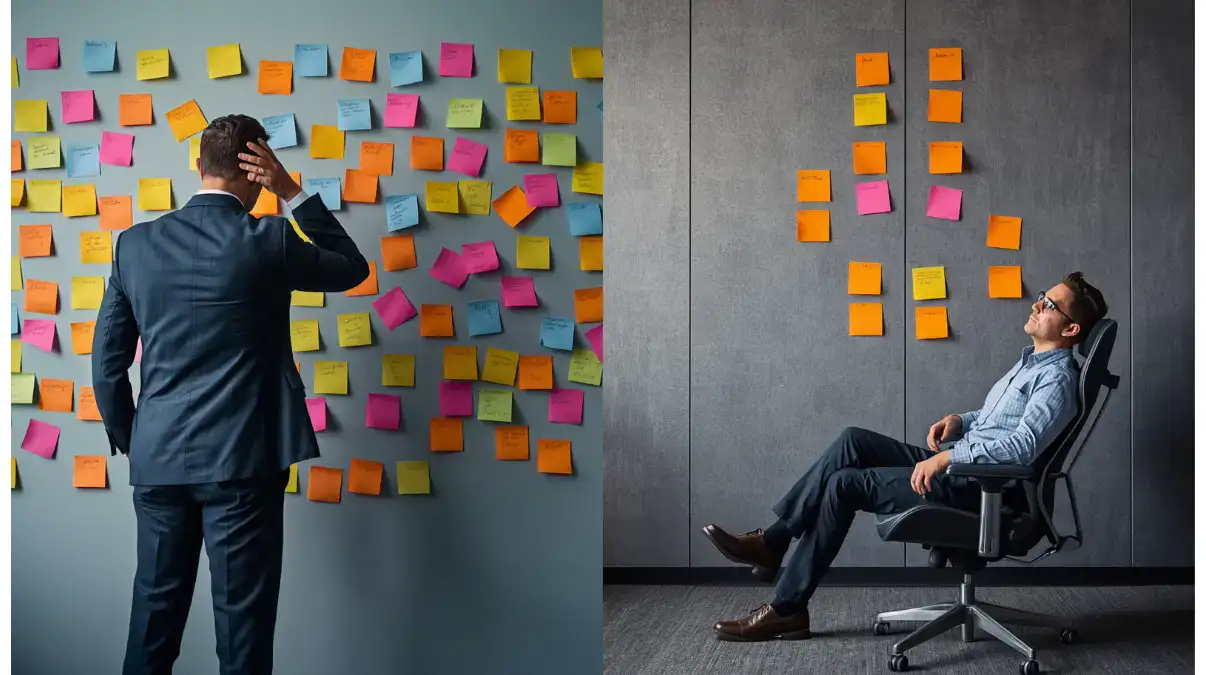 Clarity in modern work illustrated through the contrast between organizational complexity and focused execution
