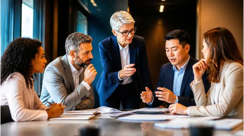 Soft skills for career growth in a collaborative business meeting