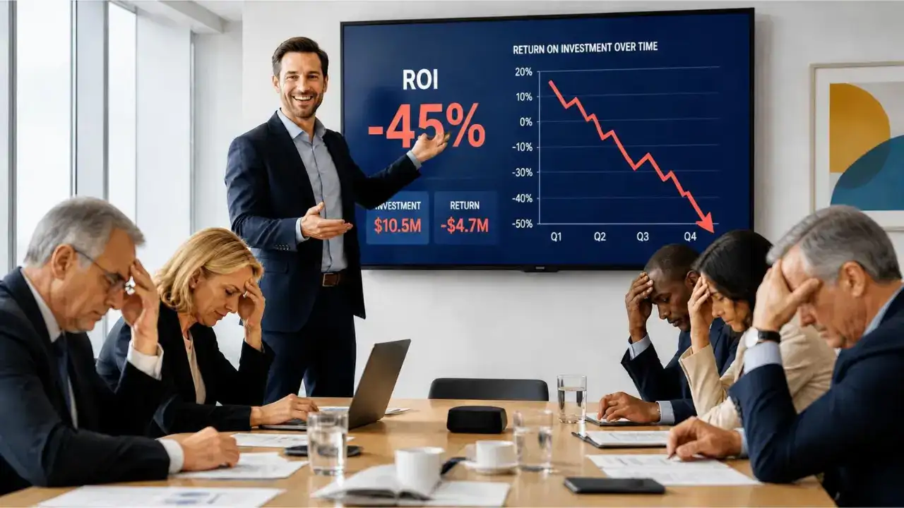 Business executive defending bad decisions while presenting a negative 45% ROI to a frustrated leadership team.