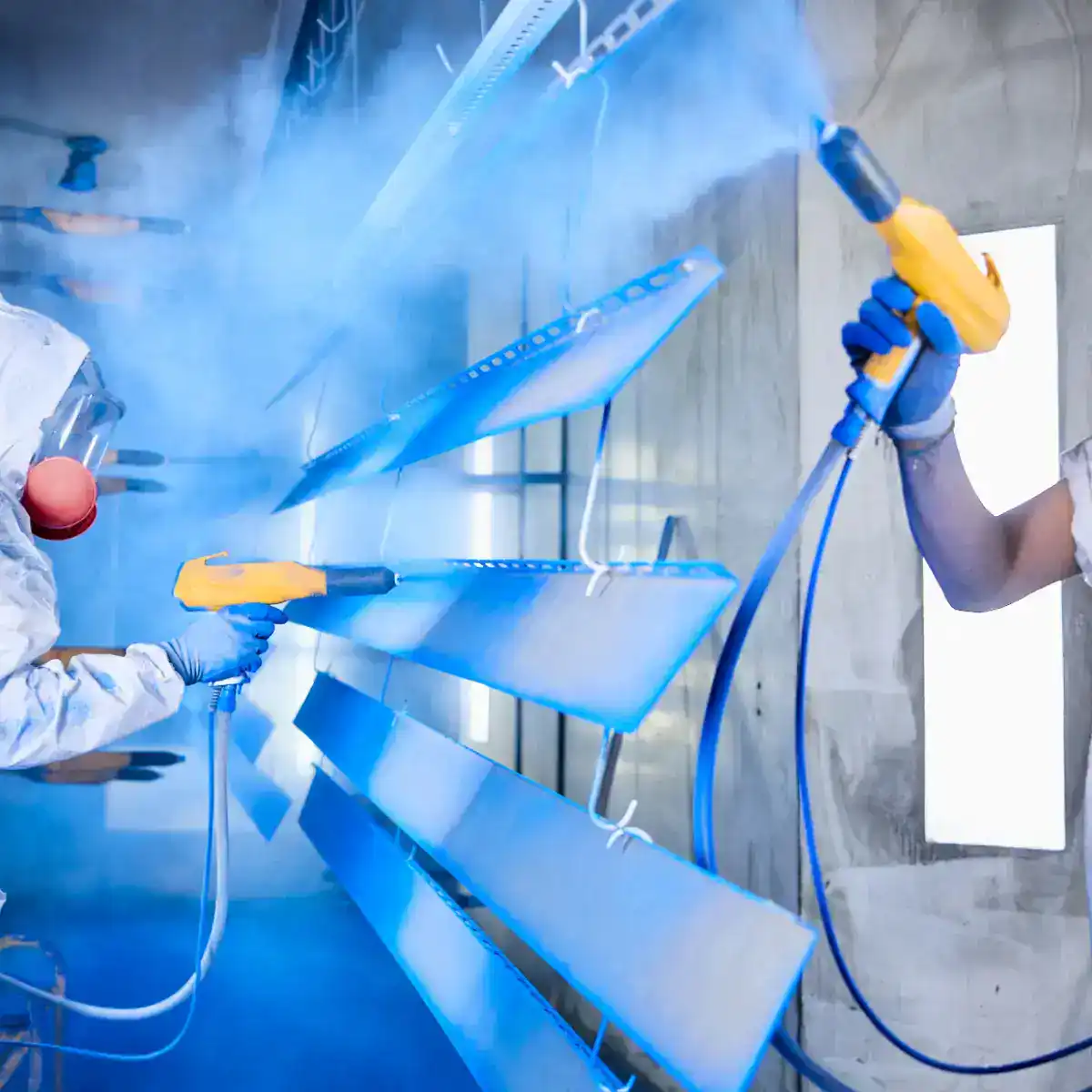 Workers using spray equipment in a modern manufacturing facility.
