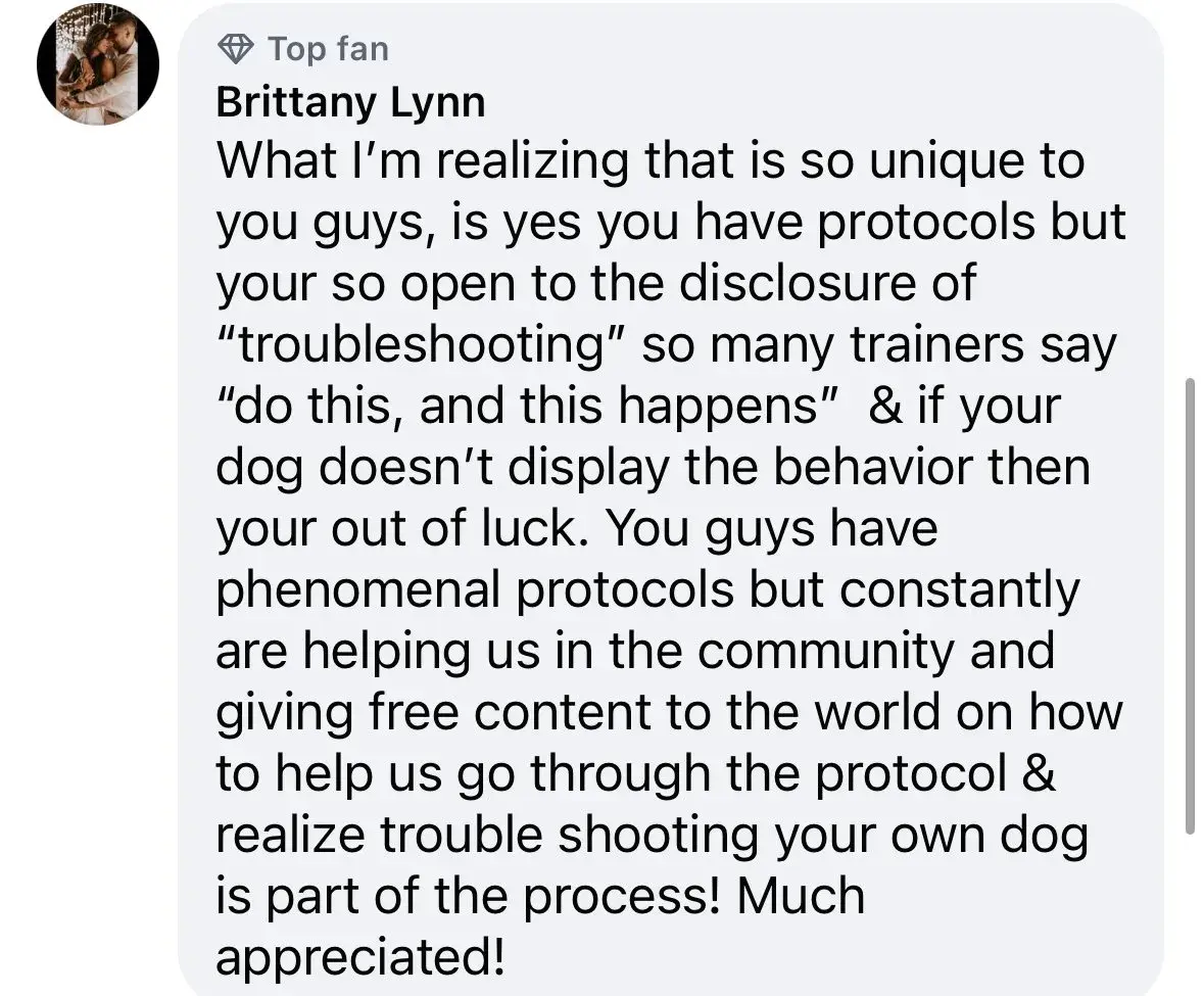 Screenshot of a text message praising a company's unique dog training protocols and customer support.