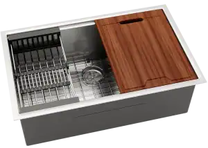 30" undermount stainless steel sink with wooden cutting board and accessories.