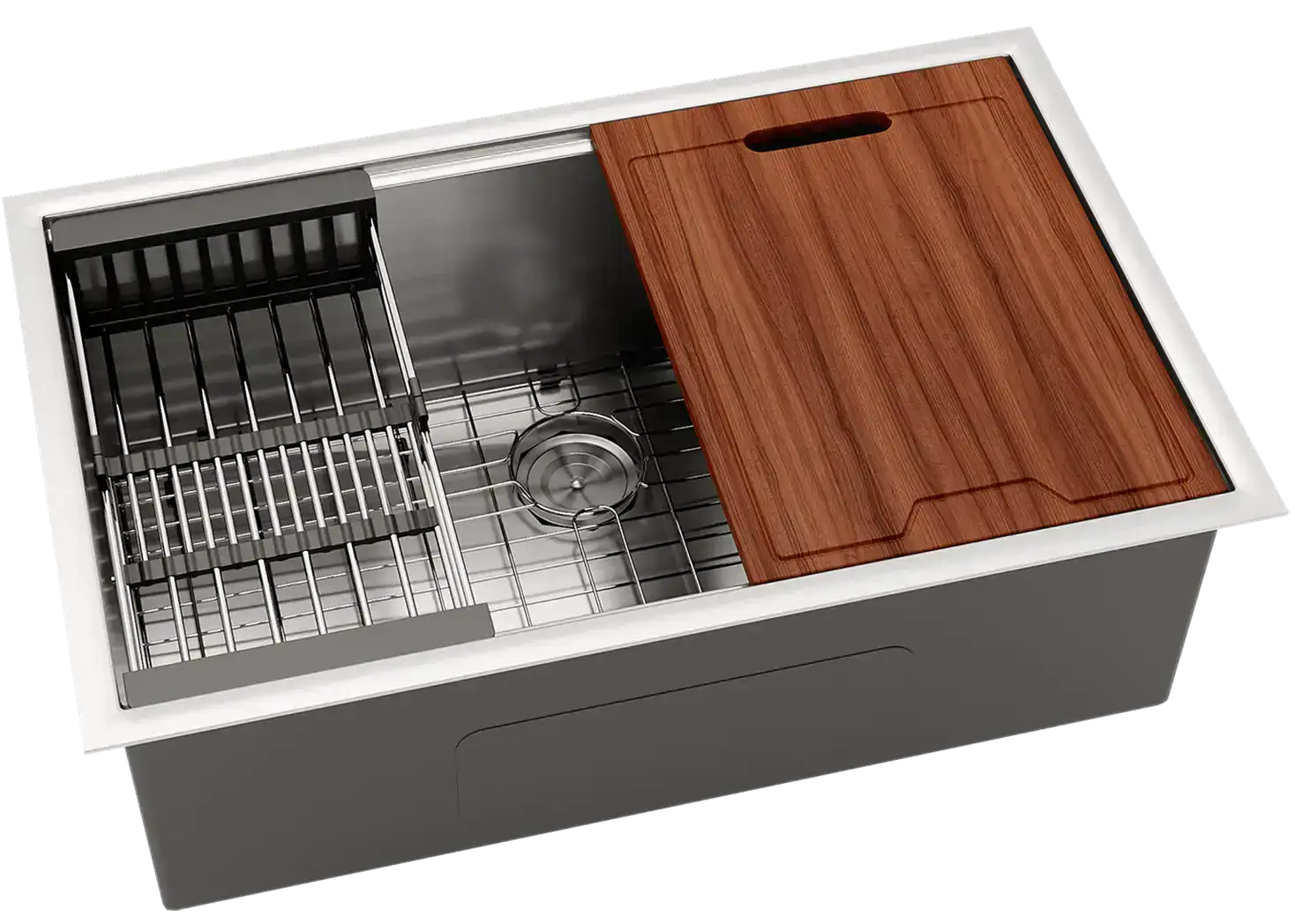30" undermount stainless steel sink with wooden cutting board and accessories.