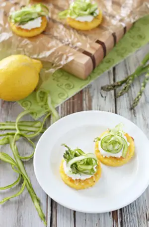 Polenta Bites with Ricotta and Shaved Asparagus.