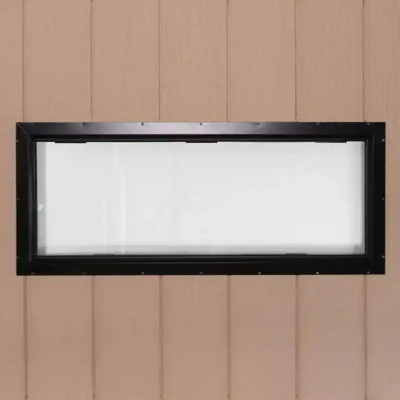 Hunting blind window measuring 42" x 16" with durable frame, ideal for wildlife observation and hunt.